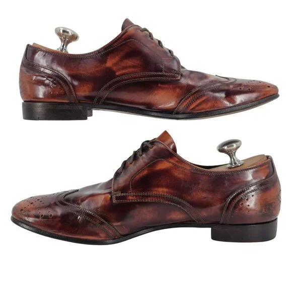 Prada Italy Mens 7.5 Distressed Brown Leather Wingtip Derby Oxfords Dress Shoes - Picture 7 of 13